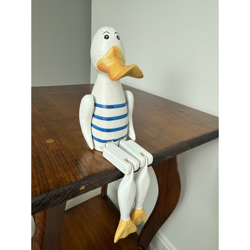Vintage Wooden Duck Shelf Sitter Nautical Sailor Striped Hand Painted Folk Art